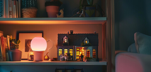 A charming dollhouse bathed in the soft glow of a pink nightlight, sitting on a shelf in a cozy room at night, inviting viewers to explore its tiny world