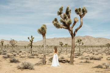 Woman in a boho style white dress and hat standing in the Joshua Tree desert  © Paul Behm