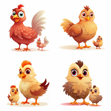 Funny illustration of chickens and their babies