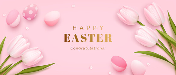 Happy easter horizontal greeting card or web banner with realistic 3d tulips, easter eggs and golden text on pink background. Festive elegant wallpaper. Vector illustrations