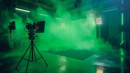 Modern empty green photo studio with old style movie camera