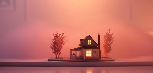 A tiny replica of a cottage nestled on a shelf in a room with a soft pink background, with soft lighting adding warmth and coziness to the scene
