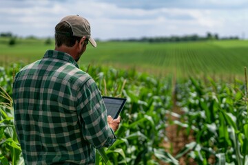 Naklejka na ściany i meble Tech-Savvy Farmer Evaluating Corn Field with Tablet