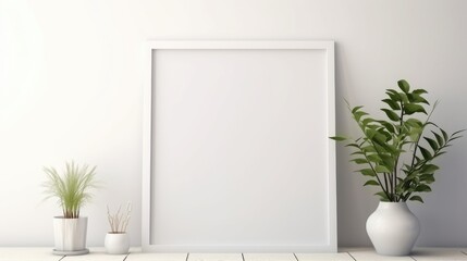 A mock-up of an empty wooden picture frame on a light wall background. A vase with flowers and leaves. The concept of advertising, a place for text.