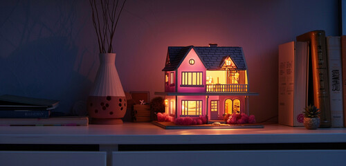 A charming dollhouse bathed in the soft glow of a pink nightlight, sitting on a shelf in a cozy...