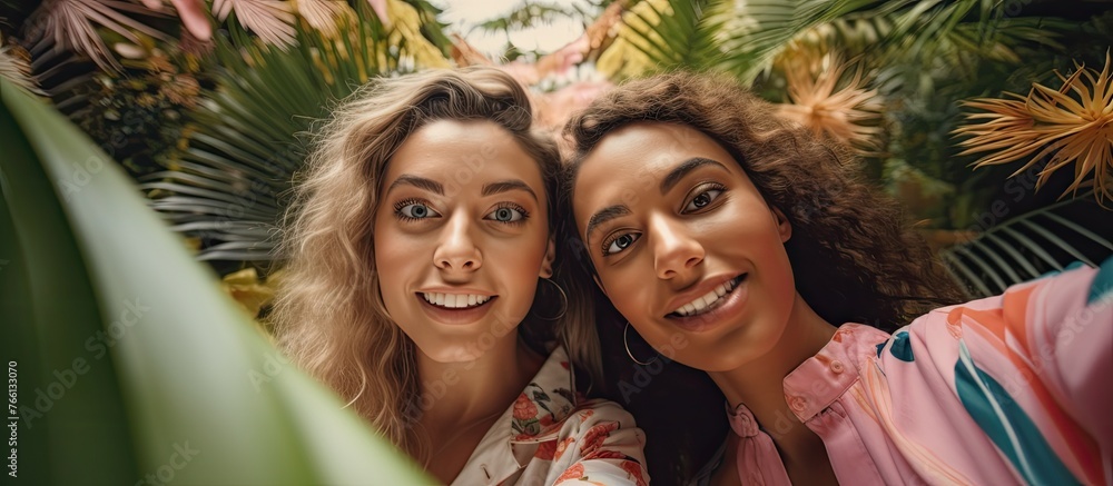 Poster two happy women are smiling while taking a selfie in front of a palm tree. they are enjoying a fun l