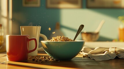 a bowl with cereal next to a cup and a spoon