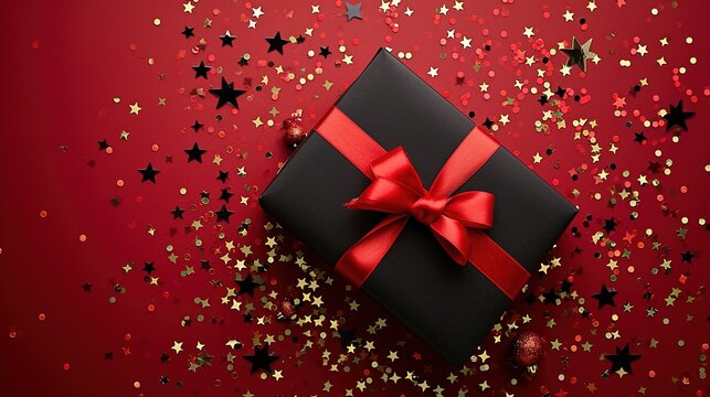 Overview of a black present box with red ribbon and a golden star surrounding it