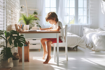Kind Junge sitzt entspannt in hellem Kinder Jugend Zimmer barfuß am Schreibtisch schreibt lernt Hausaufgaben Schule Bildung zuhause allein spielend lernen glücklich und zufrieden flow motiviert 
