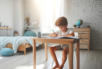 Kind Junge sitzt entspannt in hellem Kinder Jugend Zimmer barfuß am Schreibtisch schreibt lernt Hausaufgaben Schule Bildung zuhause allein spielend lernen glücklich und zufrieden flow motiviert  - obrazy, fototapety, plakaty