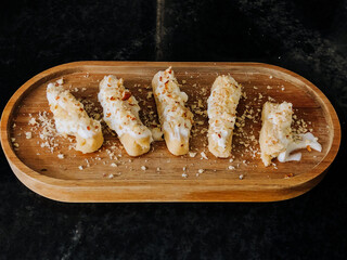 Yummy breakfast. Banana muffins with cottage cheese cream decorated with migdal. Menu banner    