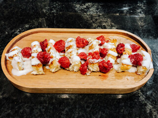  Appetising Breakfast. Raspberry, cottage cheese pancakes with banana and sour cream. Menu banner     