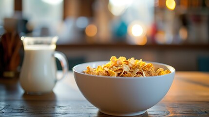  white bowl with breakfast cereal over cereal and a cup of milk on wooden table