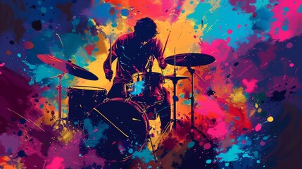 Fototapeta na wymiar Shadowed Drummer Against Splattered Colorful Background in Action 