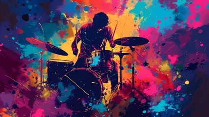 Fotobehang Shadowed Drummer Against Splattered Colorful Background in Action  © Sippung