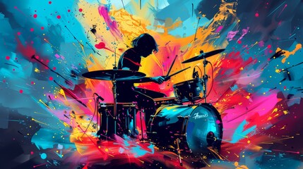 Fototapeta na wymiar Silhouetted Drummer Playing in a Colorful Abstract Explosion 