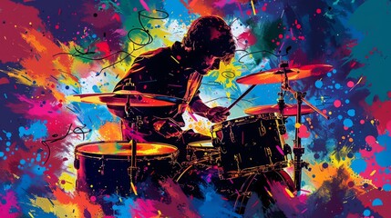 Drummer in Silhouette Playing Against Vibrant Colorful Splatter Background
