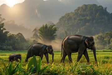 Asian elephants family enjoy nature life in jungle in Thailand.