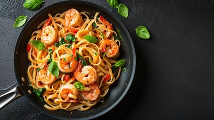 Pasta with shrimp and greens on a pan against a dark backdrop