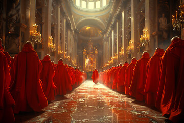 The red procession in the illuminated cathedral - obrazy, fototapety, plakaty