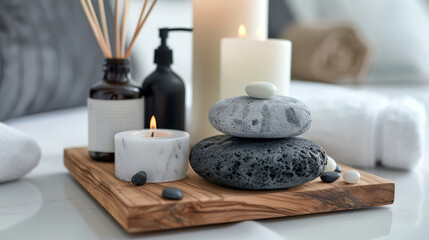 Fototapeta na wymiar Tranquil Spa Setting with Candles, Stones, and Aromatherapy