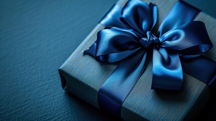 ribbon and bow on a blue gift box set against a blue background - obrazy, fototapety, plakaty