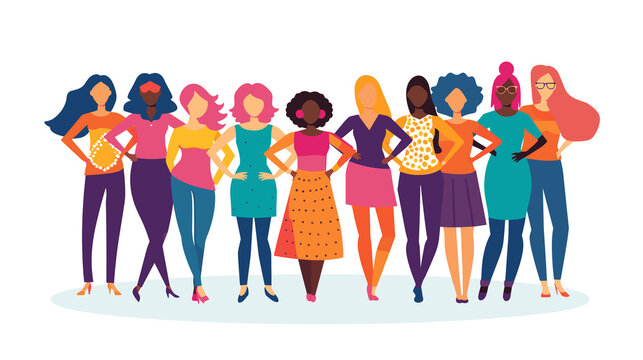 Diverse group of confident women standing together, colorful illustration with copy space