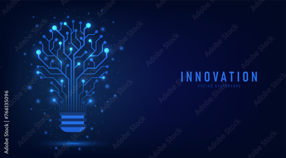 Poster Innovation. Idea and solution technology concept. A light bulb from dot circuit board on the dark blue. Abstract cyber and digital computer innovation concept. Business innovation and creative idea.