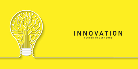 Innovation. Idea and solution technology concept. A light bulb from dot circuit board on the yellow background. Cyber and digital computer innovation concept. Business innovation and creative ideas.