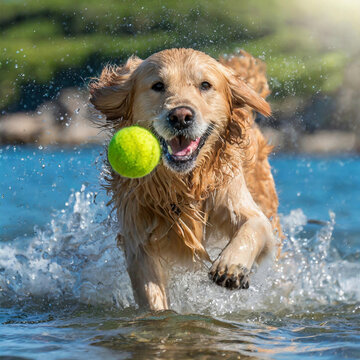 Amazing photo of a golden retriever chasing a tennis ball in the water