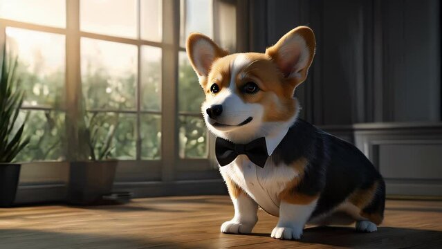 A 3D illustration of an adorable corgi wearing a black bow tie, smiling sweetly indoors, blending into the bright and serene interior environment.
