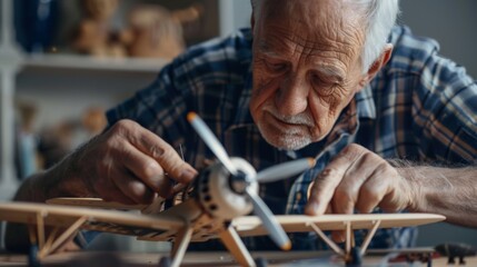An engaged elderly man assembling a model airplane, depicting hobbies and leisure time in retirement at his home. - obrazy, fototapety, plakaty