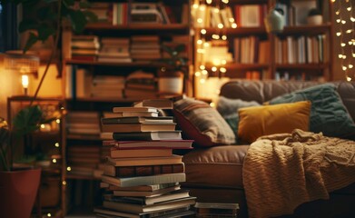 Cozy Reading Nook with Comfortable Armchair and Pile of Books by a Home Library - obrazy, fototapety, plakaty