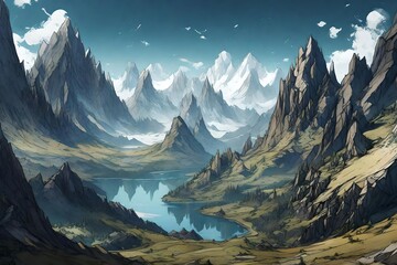 A panorama of towering peaks, where the rugged terrain meets the infinite sky. - obrazy, fototapety, plakaty