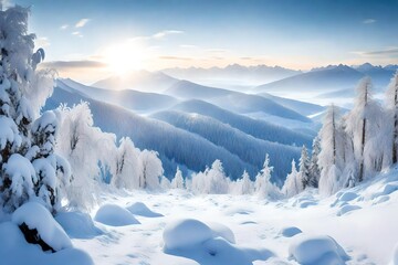 A vast expanse of snow-covered peaks, a winter panorama of serene beauty.