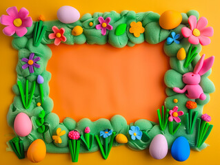 A frame made of plasticine and there is an empty space in the middle, decorated with flowers and plants design in the style of children's drawings.