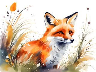 Obraz premium A red fox hiding in the grass watching your colorful illustrations