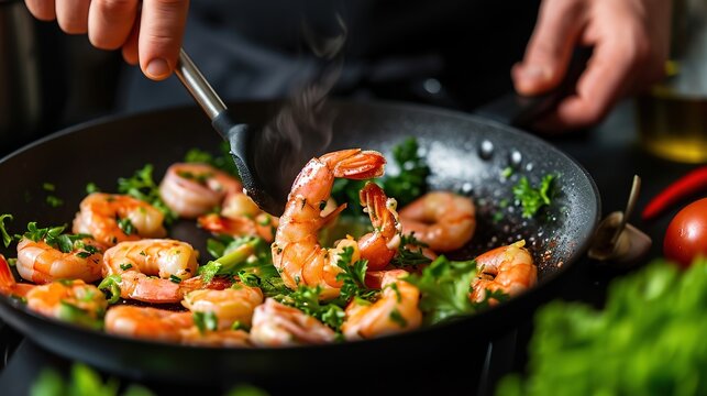 The chef is preparing shrimp and greens along with other ingredients for a delectable meal.