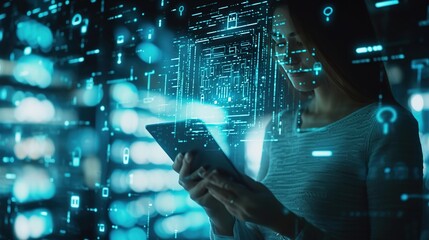 woman employing holographic technology to secure locks and protect data