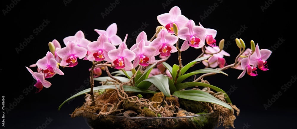 Poster a display of vibrant magenta orchids in a flowerpot against a black background, creating a striking 