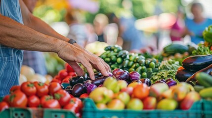 A person handpicks ripe vegetables among an array of colorful fresh produce at a bustling local farmers market. - obrazy, fototapety, plakaty