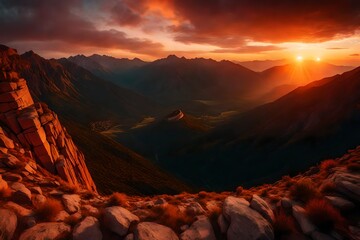 A mountainous horizon ablaze with the colors of sunset, a panoramic spectacle. - obrazy, fototapety, plakaty