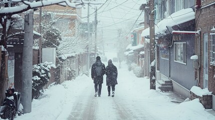 two individuals strolling down a roadway blanketed with snow