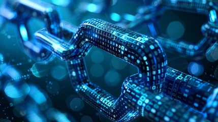 Foto op Plexiglas Abstract image of a digital blockchain with glowing blue chains against a dark background, symbolizing security, technology, and connectivity. © Anton Gvozdikov