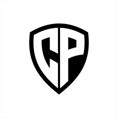 CP monogram logo with bold letters shield shape with black and white color design