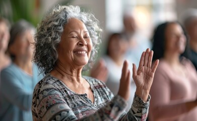 Dance class for seniors, with participants smiling and moving to the music, emphasizing joy and...