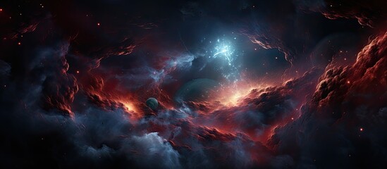 The artwork portrays a breathtaking astronomical object resembling a nebula in space, with a mesmerizing blend of colors and clouds against the sky - obrazy, fototapety, plakaty