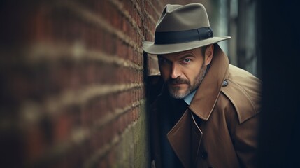 A man wearing a hat and a coat is leaning against a brick wall