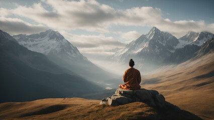 Fototapeta premium person on the top of the mountain, person meditation on the top of a mountain