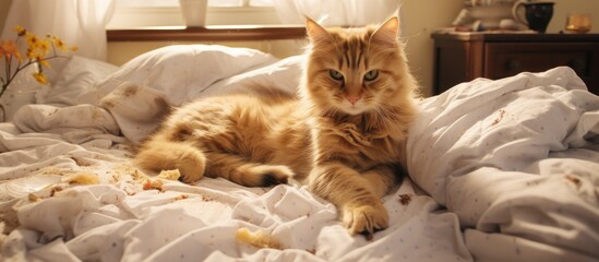 A small to mediumsized orange cat with whiskers and fawn fur, belonging to the Felidae family, is comfortably laying on a bed with white sheets in a room - obrazy, fototapety, plakaty